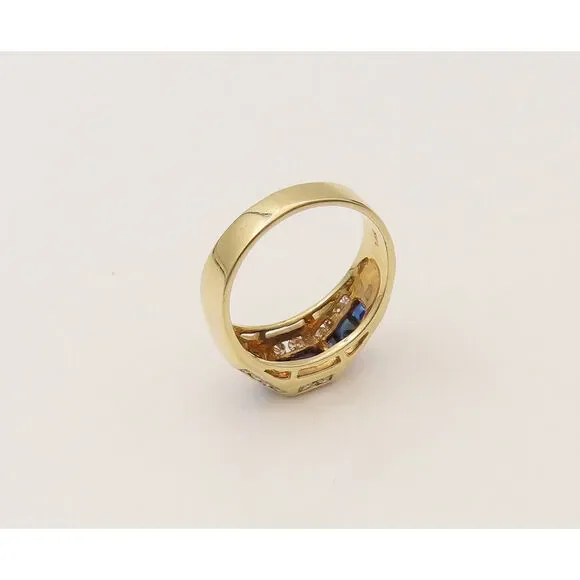 14K GOLD Vintage Lab Sapphire & Real Round Diamonds Dainty Ring Sz 6 GR652